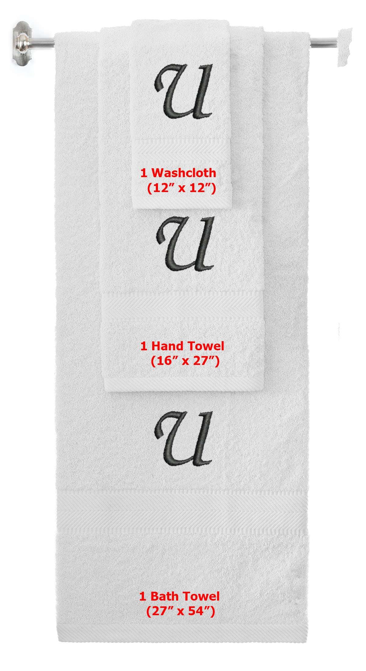 White monogrammed towel set with Black thread, Chancery font, initial U - 540 GSM cotton 3-piece