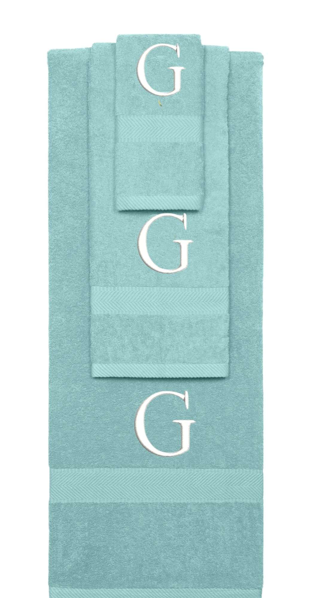 Nautical Teal monogrammed towel set with White thread, Times New Roman font, initial G - 540 GSM cotton 3-piece