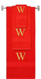 Red monogrammed towel set with Gold thread, Times New Roman font, initial W - 540 GSM cotton 3-piece