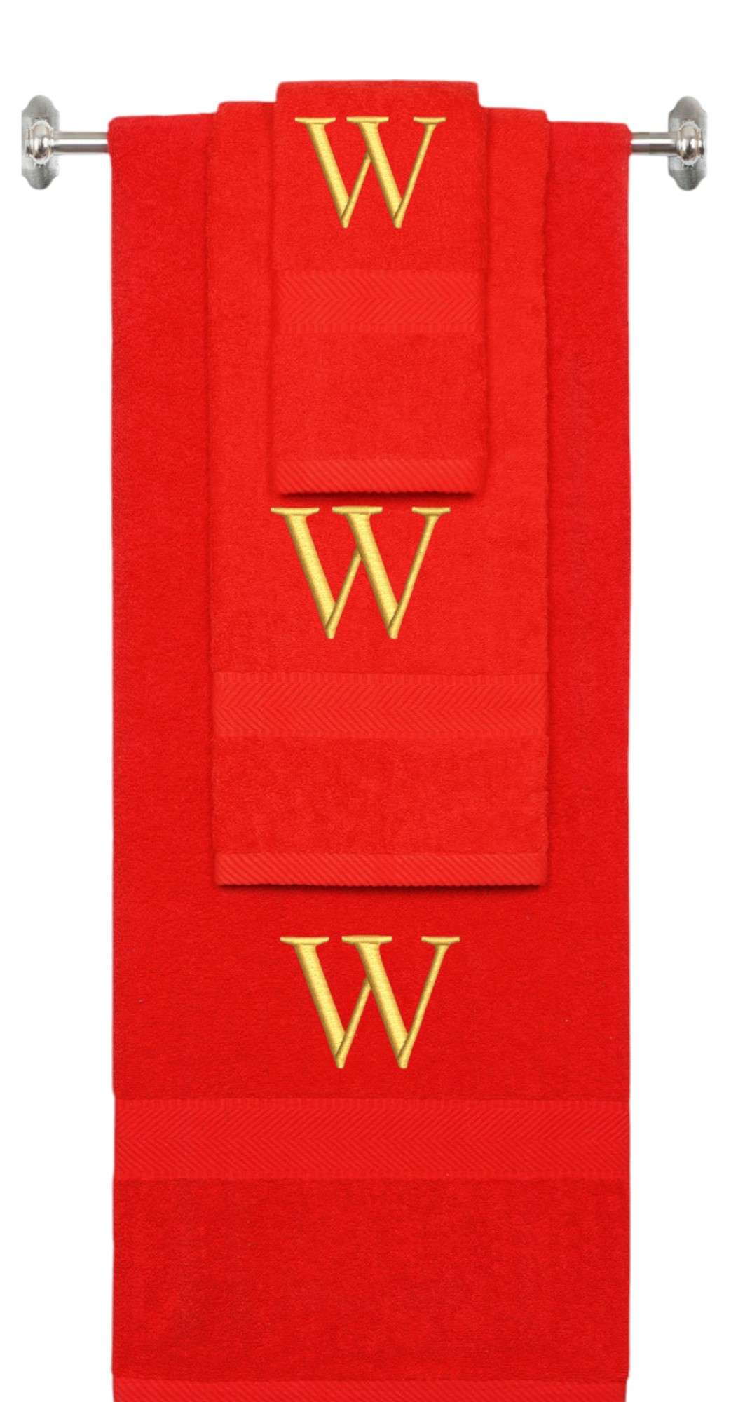 Red monogrammed towel set with Gold thread, Times New Roman font, initial W - 540 GSM cotton 3-piece