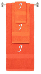 Orange monogrammed towel set with White thread, Chancery font, initial J - 540 GSM cotton 3-piece
