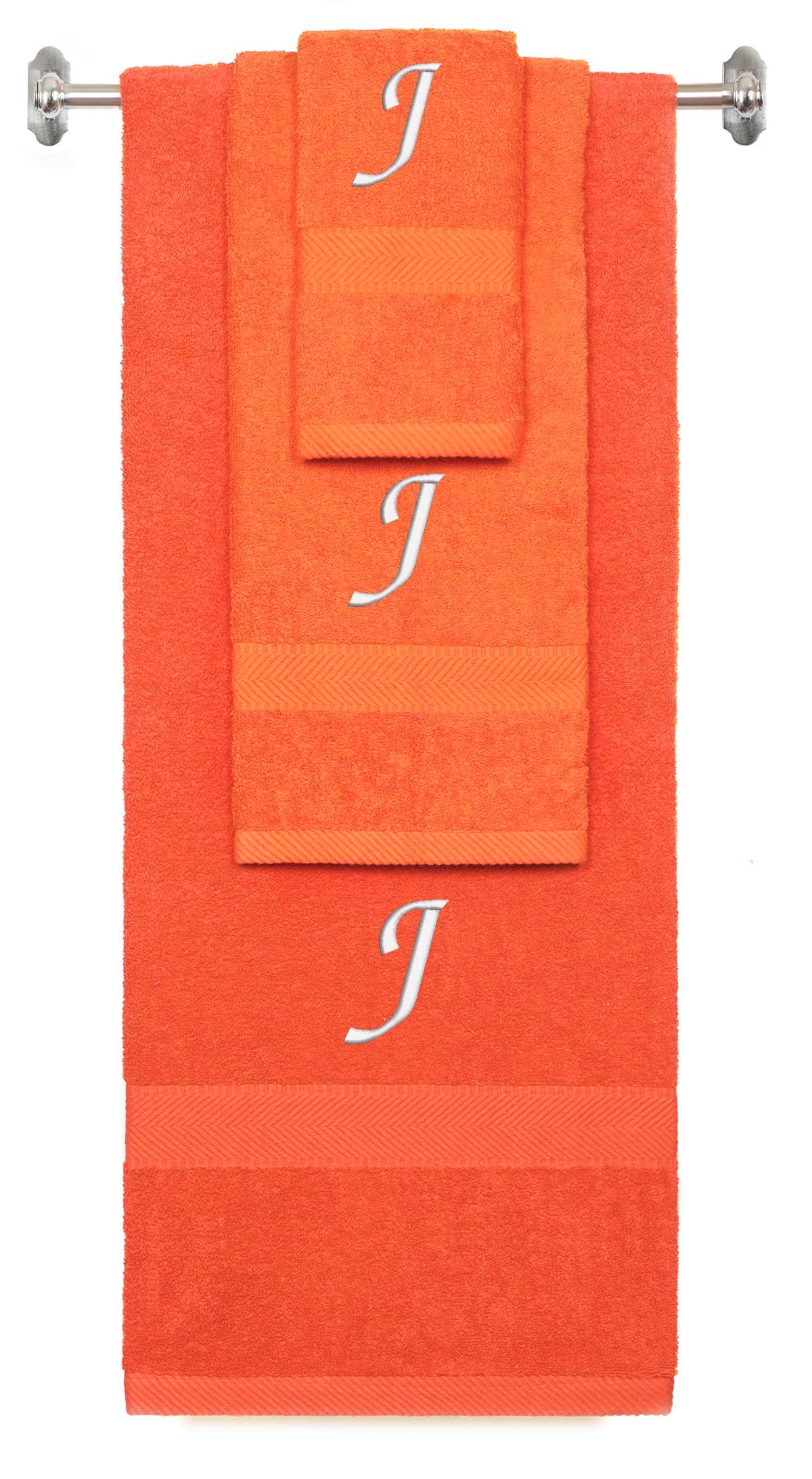 Orange monogrammed towel set with White thread, Chancery font, initial J - 540 GSM cotton 3-piece