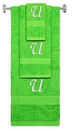 Lime monogrammed towel set with White thread, Chancery font, initial U - 540 GSM cotton 3-piece