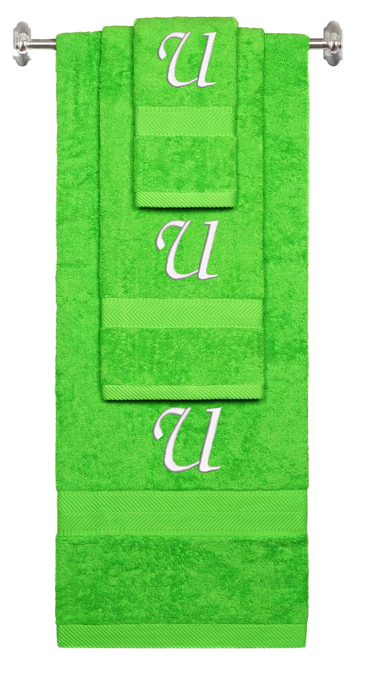 Lime monogrammed towel set with White thread, Chancery font, initial U - 540 GSM cotton 3-piece