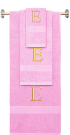 Pink monogrammed towel set with Silver thread, Times New Roman font, initial E - 540 GSM cotton 3-piece