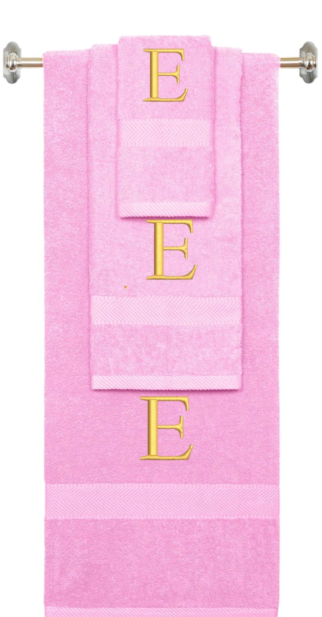 Pink monogrammed towel set with Silver thread, Times New Roman font, initial E - 540 GSM cotton 3-piece