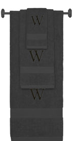 Charcoal monogrammed towel set with Black thread, Times New Roman font, initial W - 540 GSM cotton 3-piece