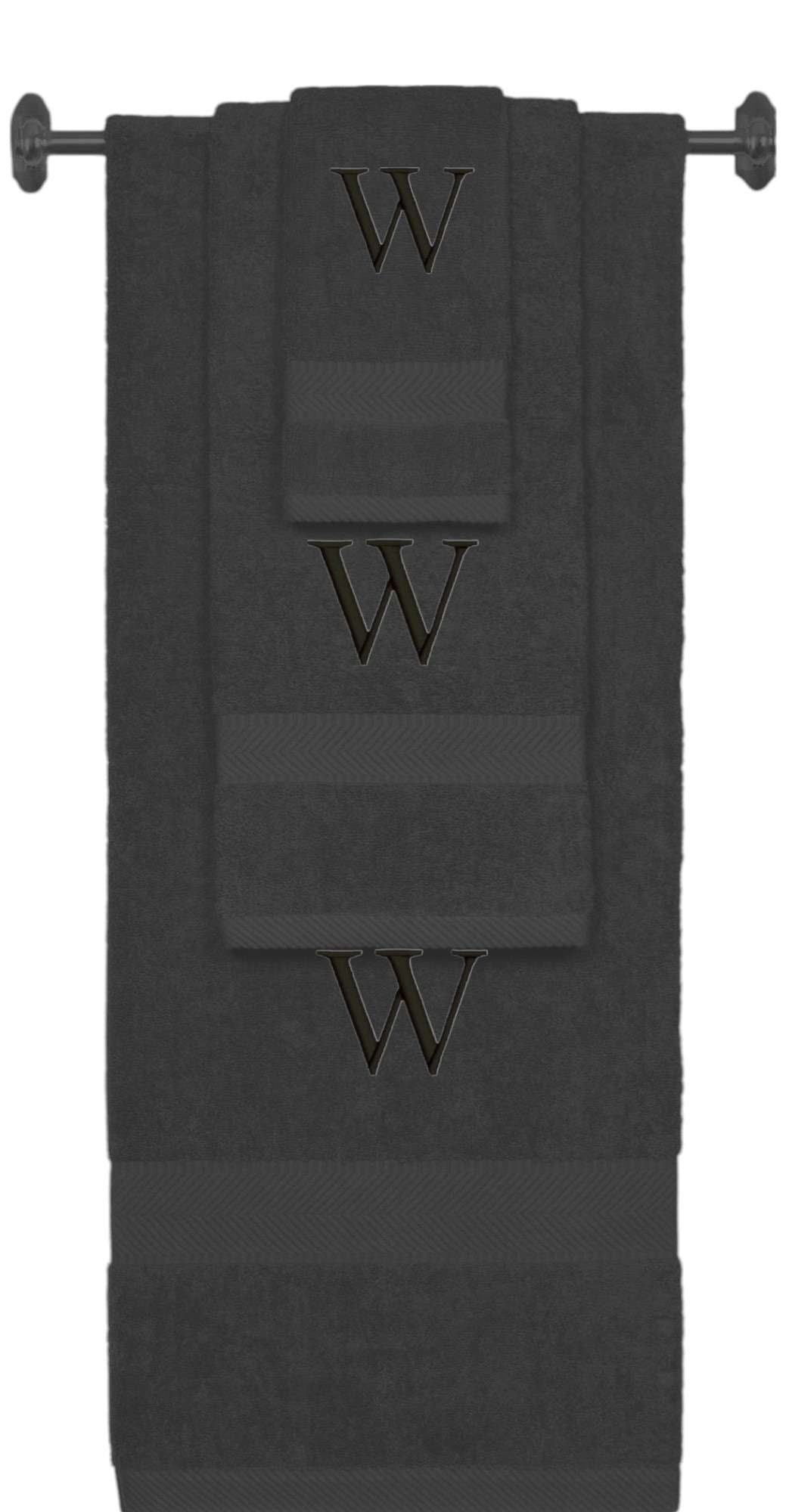 Charcoal monogrammed towel set with Black thread, Times New Roman font, initial W - 540 GSM cotton 3-piece