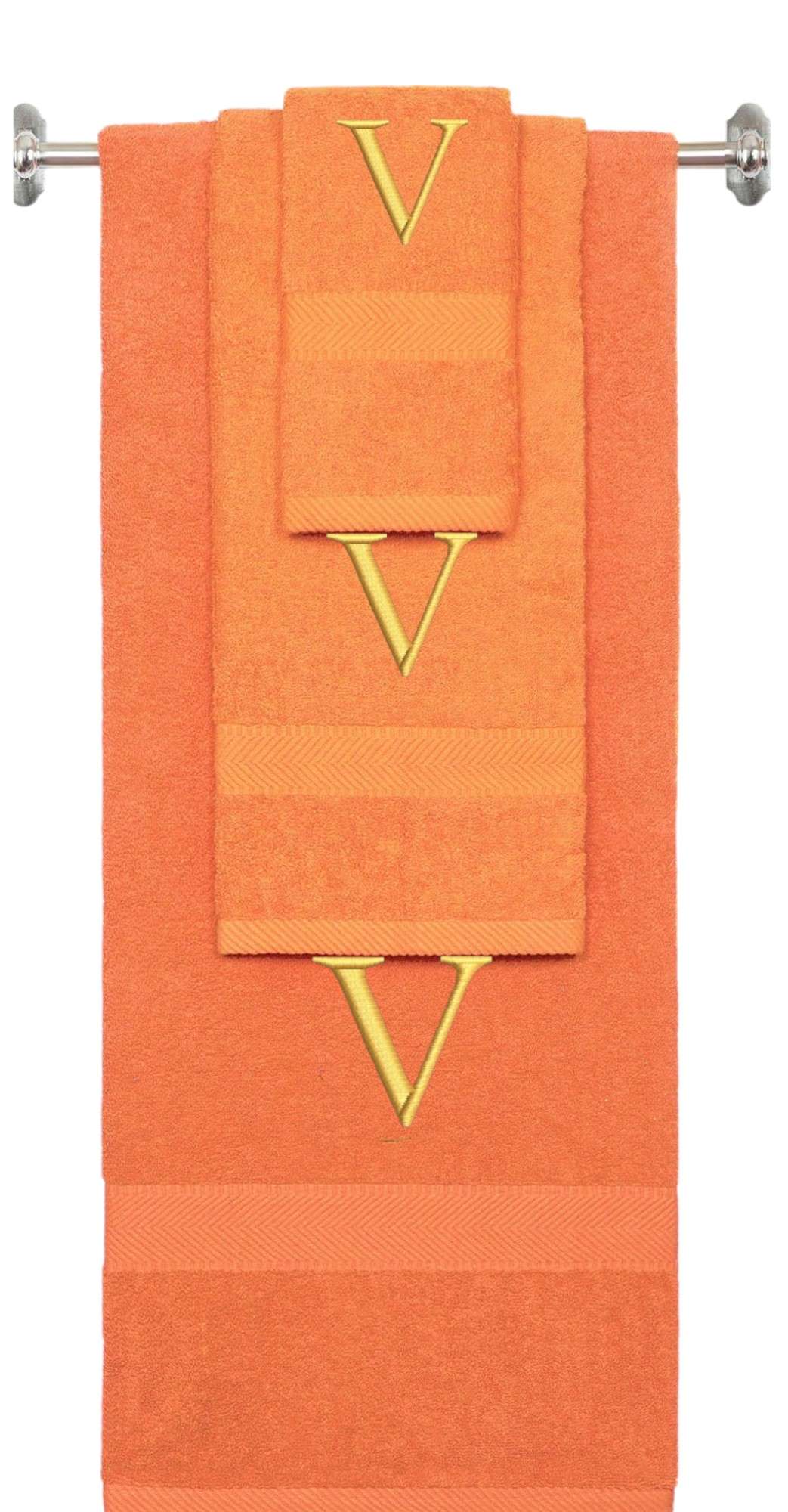 Orange monogrammed towel set with Gold thread, Times New Roman font, initial V - 540 GSM cotton 3-piece