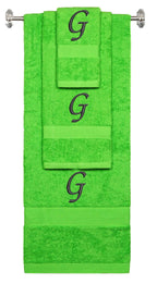 Lime monogrammed towel set with Black thread, Chancery font, initial G - 540 GSM cotton 3-piece