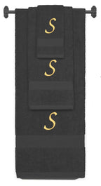 Charcoal monogrammed towel set with Gold thread, Chancery font, initial S - 540 GSM cotton 3-piece