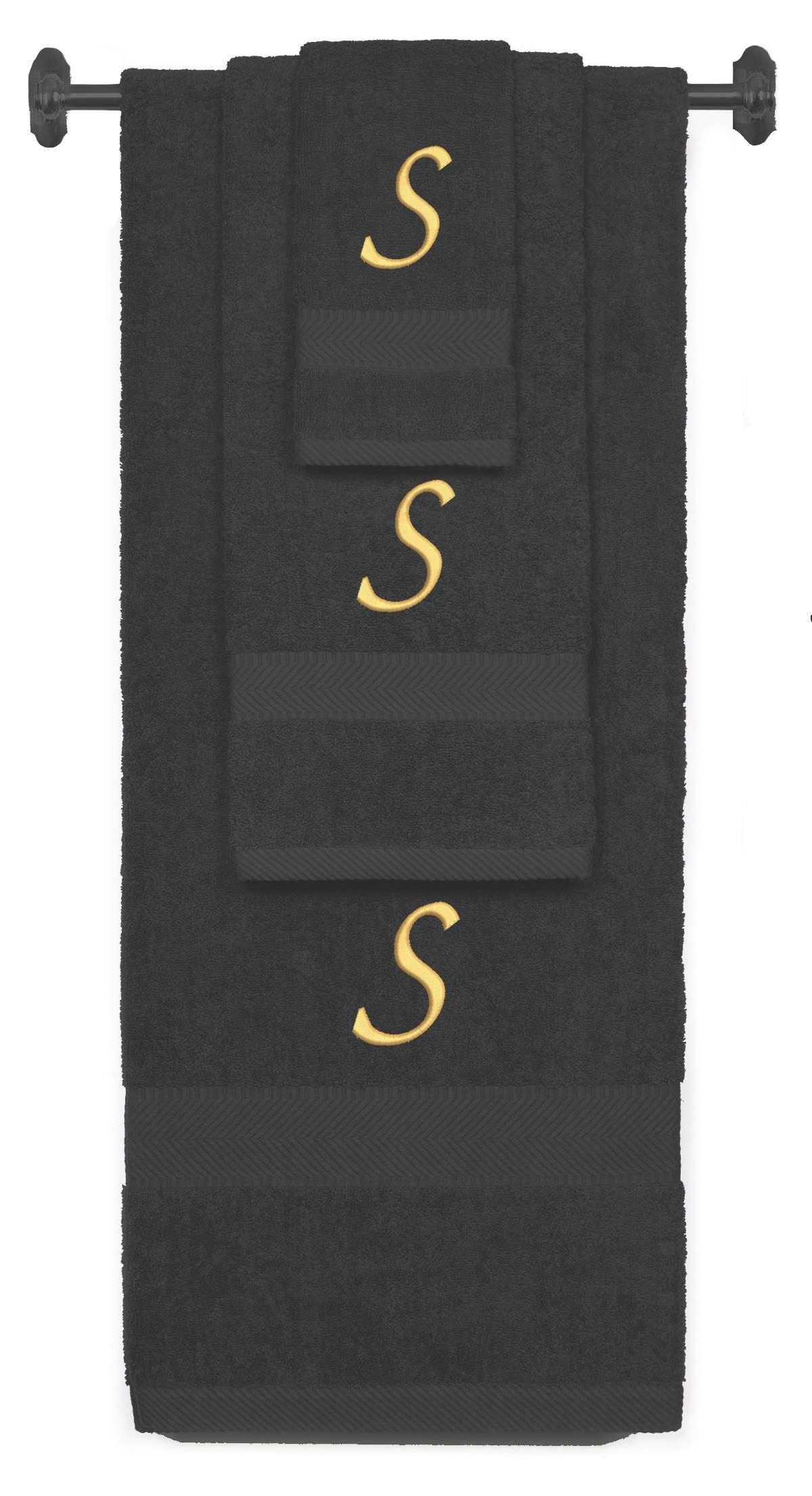 Charcoal monogrammed towel set with Gold thread, Chancery font, initial S - 540 GSM cotton 3-piece