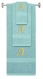 Nautical Teal monogrammed towel set with Gold thread, Chancery font, initial A - 540 GSM cotton 3-piece