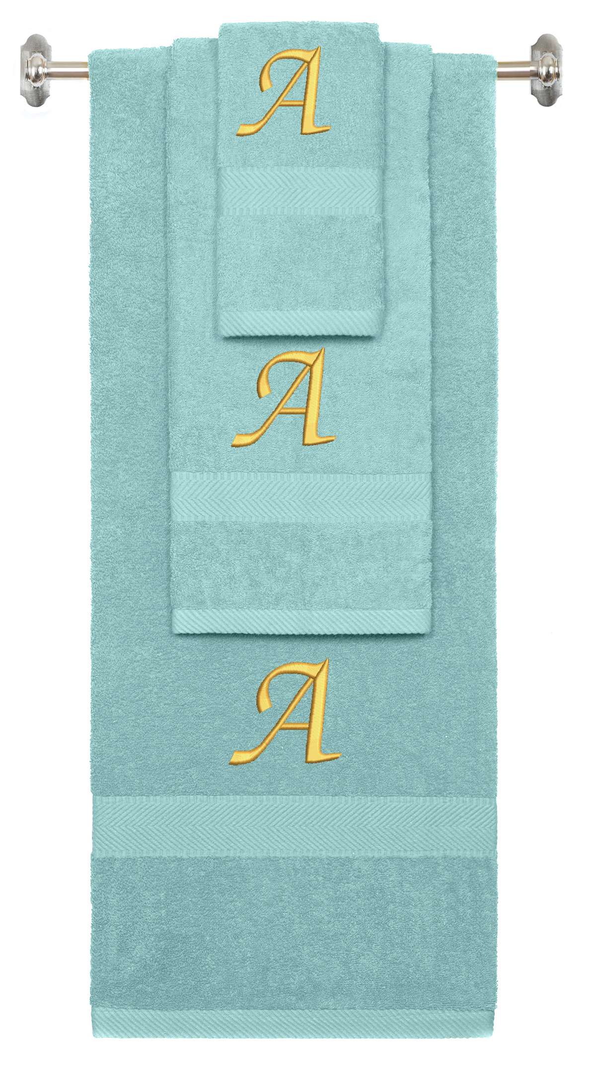 Nautical Teal monogrammed towel set with Gold thread, Chancery font, initial A - 540 GSM cotton 3-piece