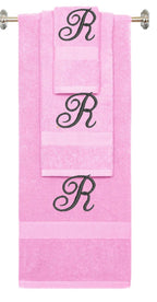 Pink monogrammed towel set with Black thread, Diana Script font, initial R - 540 GSM cotton 3-piece