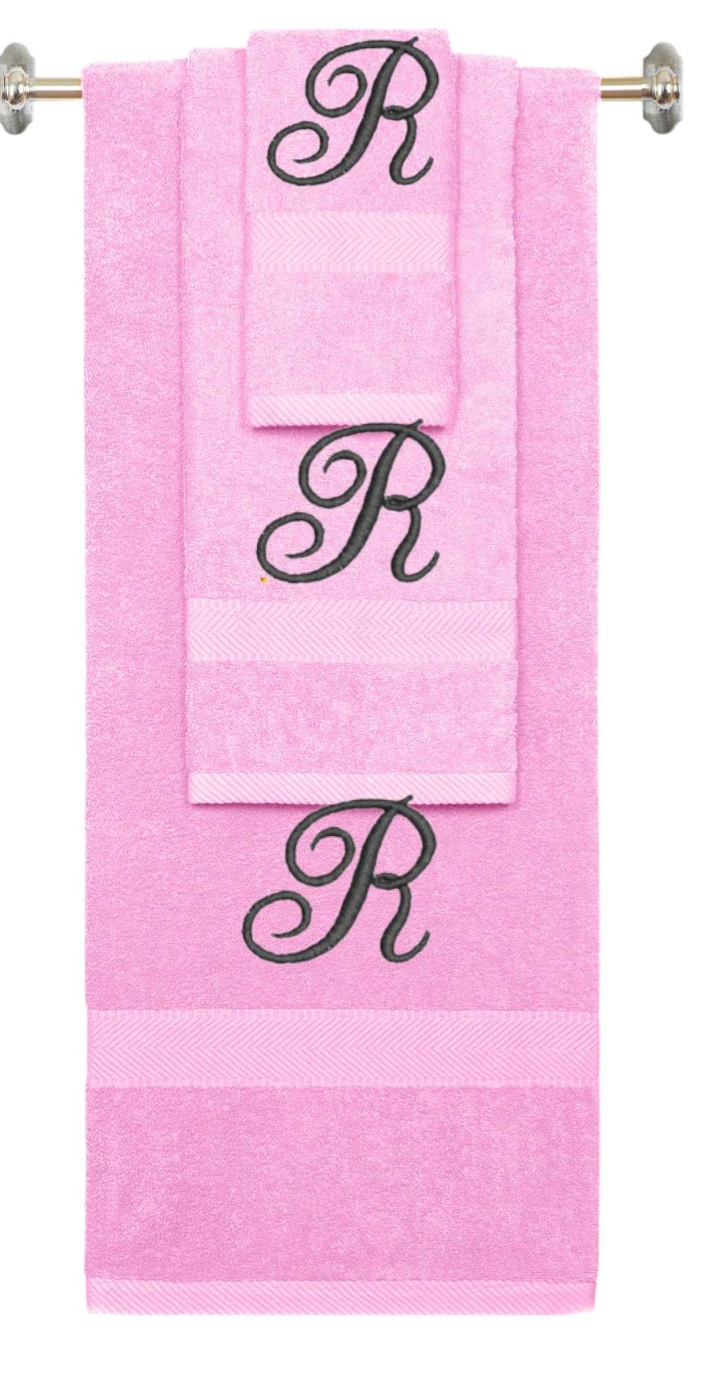 Pink monogrammed towel set with Black thread, Diana Script font, initial R - 540 GSM cotton 3-piece