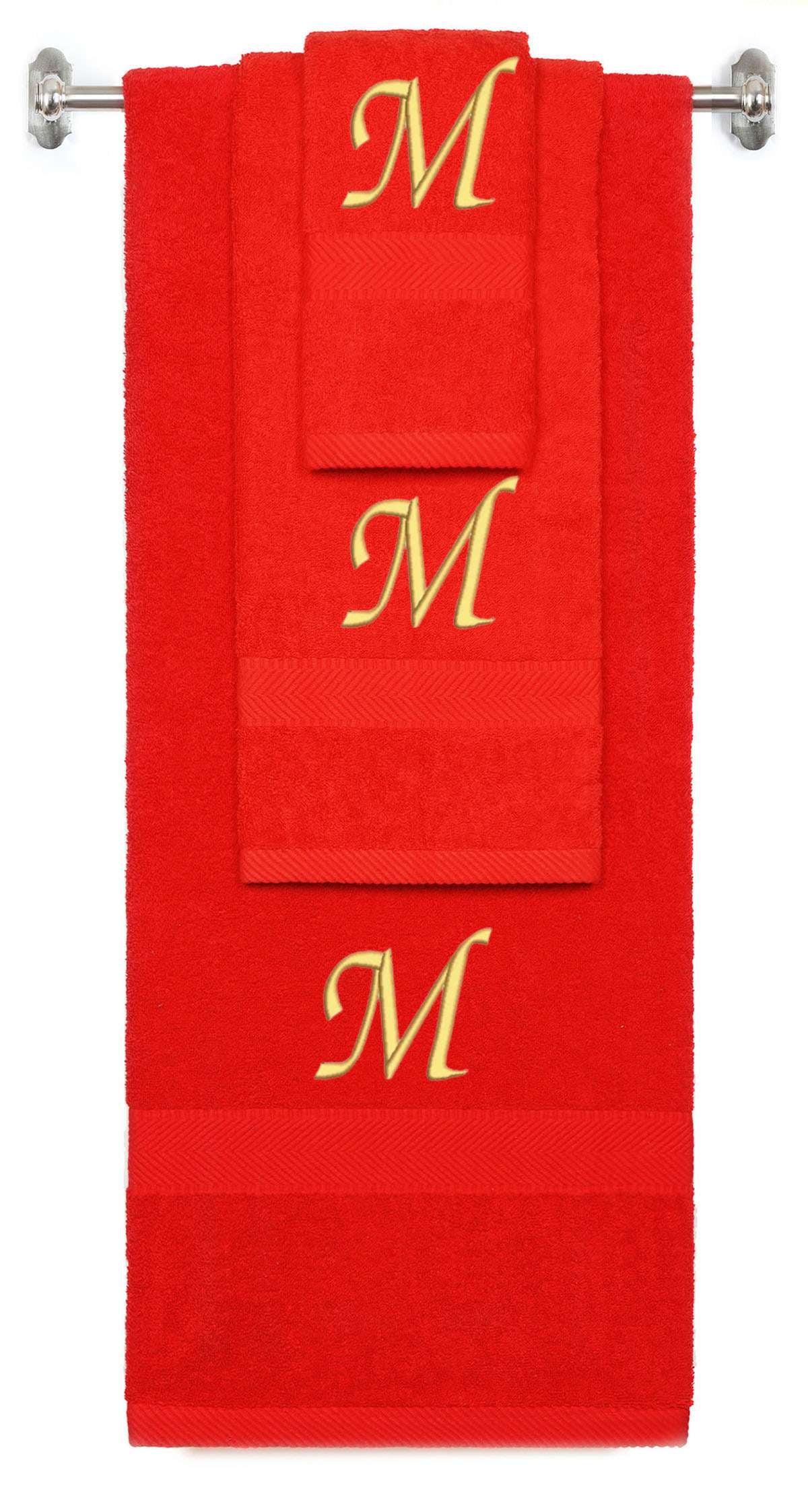 Red monogrammed towel set with Gold thread, Chancery font, initial M - 540 GSM cotton 3-piece