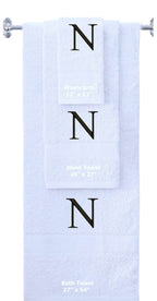 White monogrammed towel set with Black thread, Times New Roman font, initial N - 540 GSM cotton 3-piece