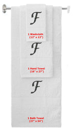 White monogrammed towel set with Black thread, Chancery font, initial F - 540 GSM cotton 3-piece