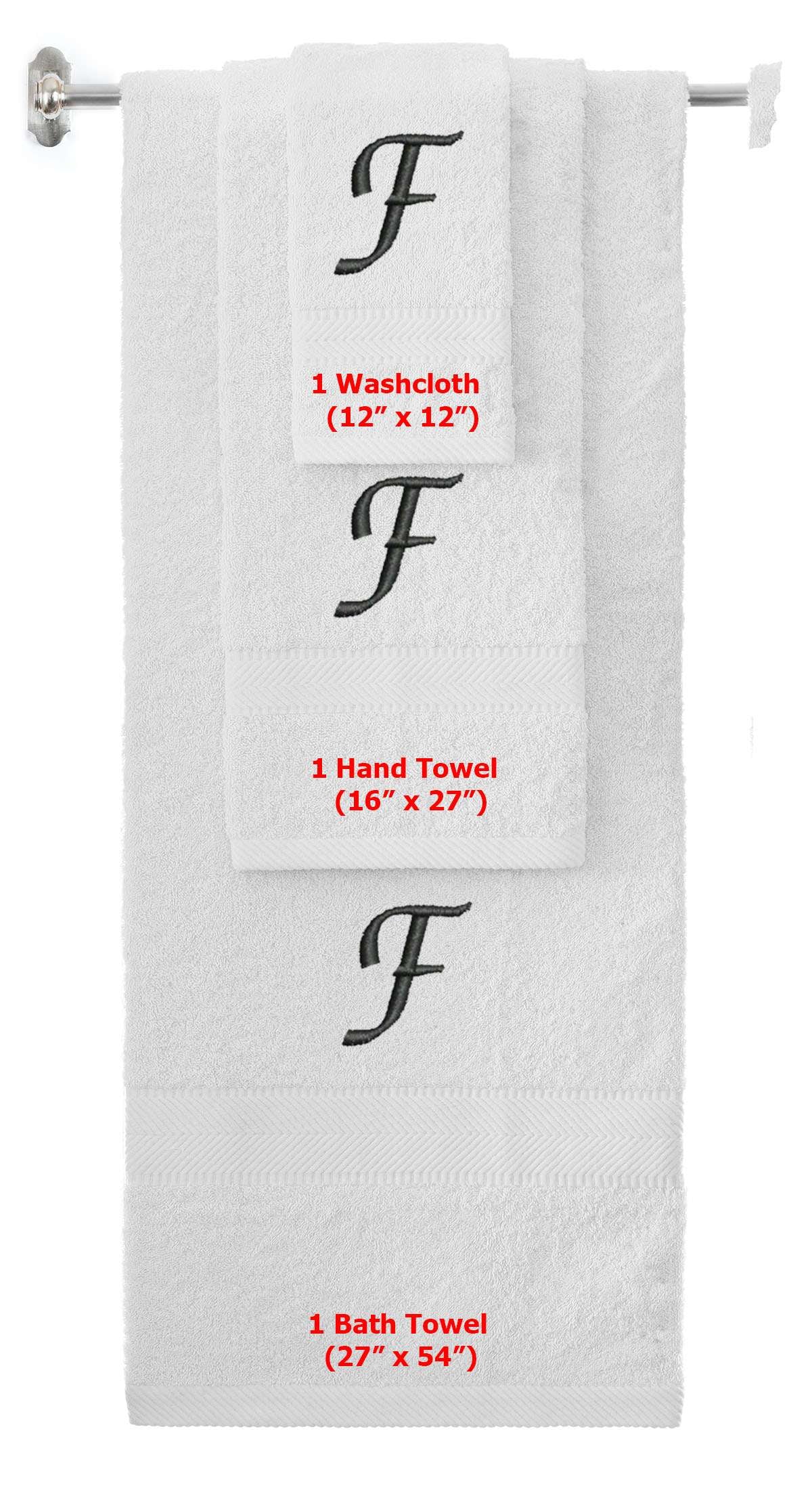 White monogrammed towel set with Black thread, Chancery font, initial F - 540 GSM cotton 3-piece