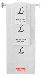 White monogrammed towel set with Black thread, Chancery font, initial L - 540 GSM cotton 3-piece