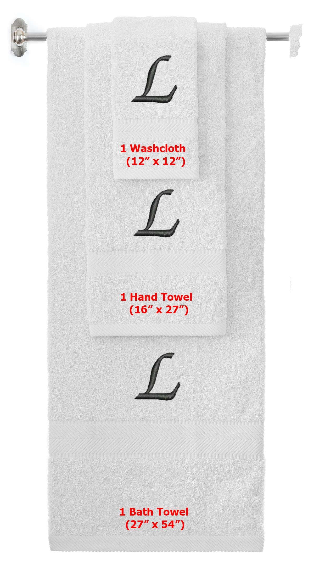 White monogrammed towel set with Black thread, Chancery font, initial L - 540 GSM cotton 3-piece