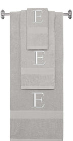 Silver monogrammed towel set with Silver thread, Times New Roman font, initial E - 540 GSM cotton 3-piece