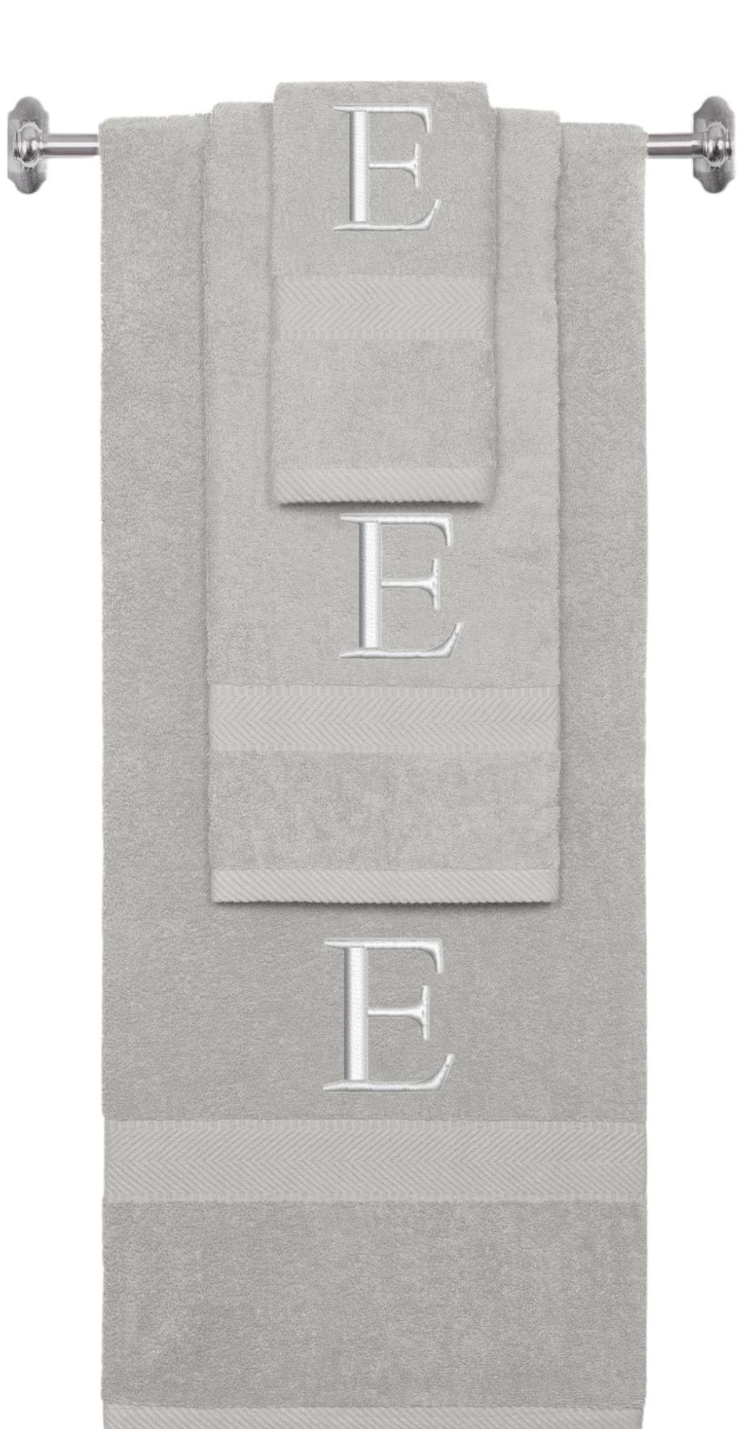 Silver monogrammed towel set with Silver thread, Times New Roman font, initial E - 540 GSM cotton 3-piece