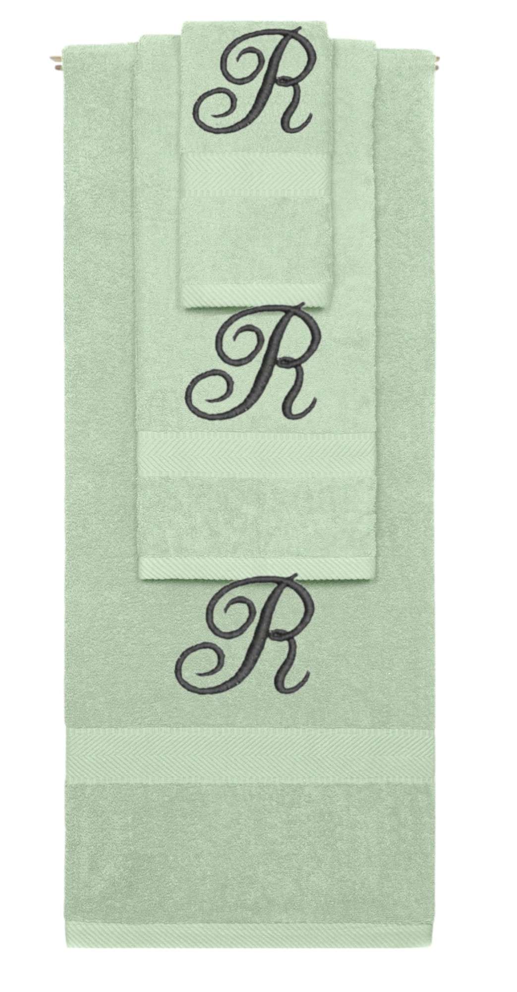 Mint Green monogrammed towel set with Black thread, Diana Script font, initial R - 540 GSM cotton 3-piece