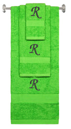 Lime monogrammed towel set with Black thread, Chancery font, initial R - 540 GSM cotton 3-piece