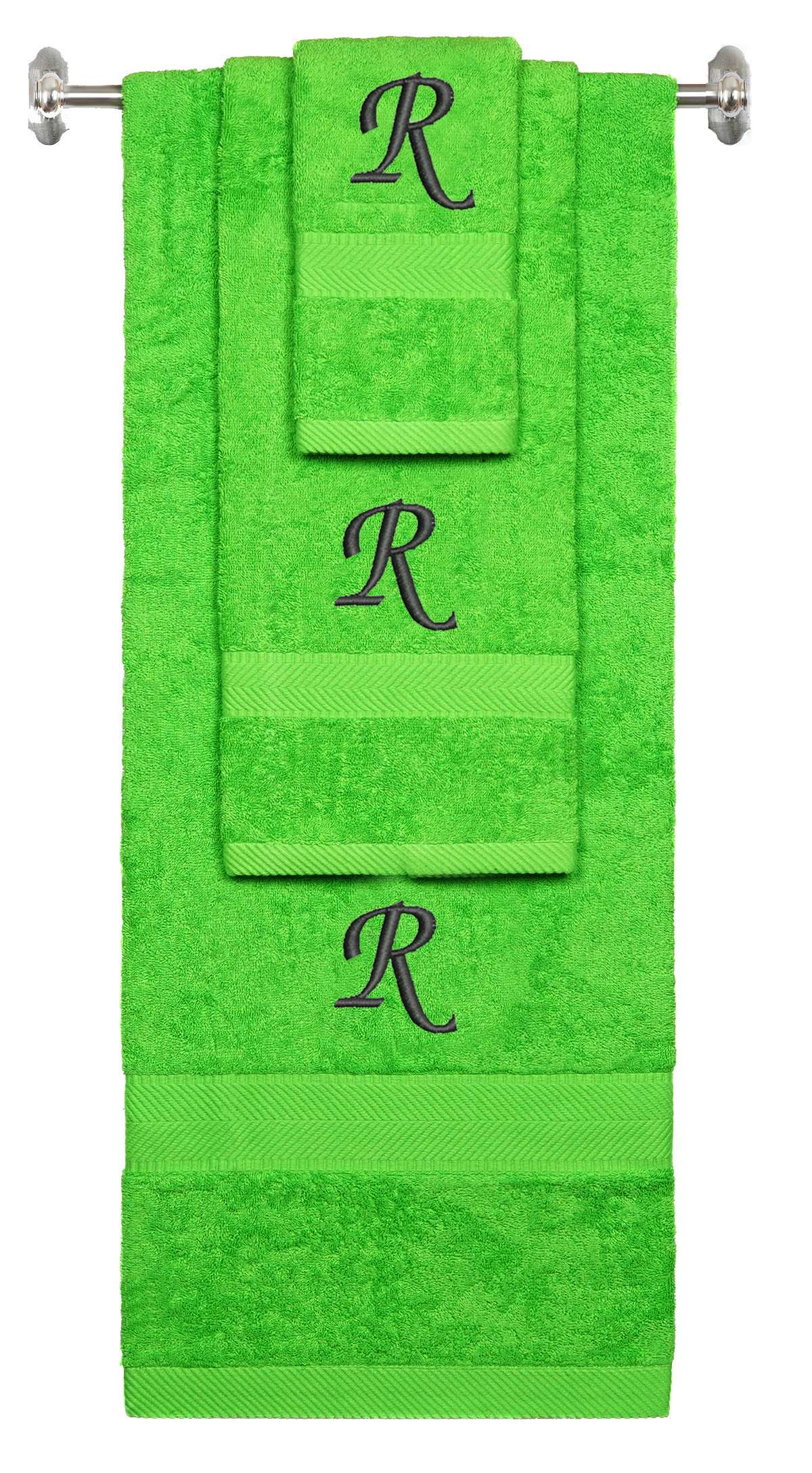 Lime monogrammed towel set with Black thread, Chancery font, initial R - 540 GSM cotton 3-piece