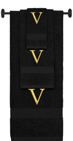 Black monogrammed towel set with Gold thread, Times New Roman font, initial V - 540 GSM cotton 3-piece