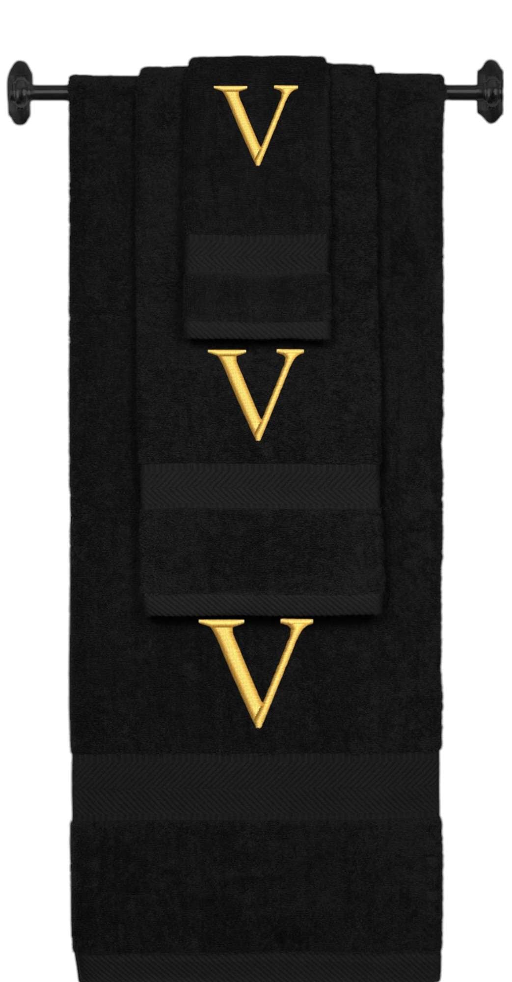 Black monogrammed towel set with Gold thread, Times New Roman font, initial V - 540 GSM cotton 3-piece