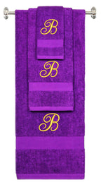 Purple monogrammed towel set with Gold thread, Diana Script font, initial B - 540 GSM cotton 3-piece