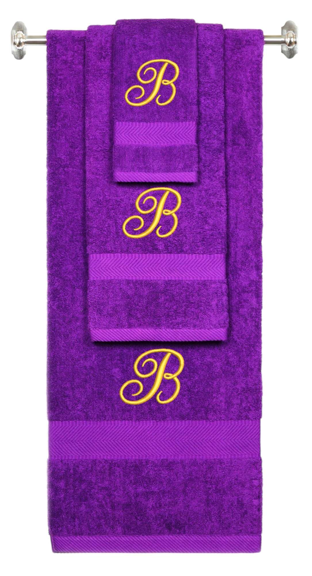 Purple monogrammed towel set with Gold thread, Diana Script font, initial B - 540 GSM cotton 3-piece