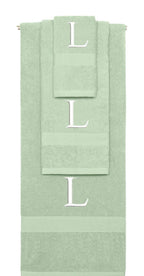 Mint Green monogrammed towel set with White thread, Times New Roman font, initial L - 540 GSM cotton 3-piece