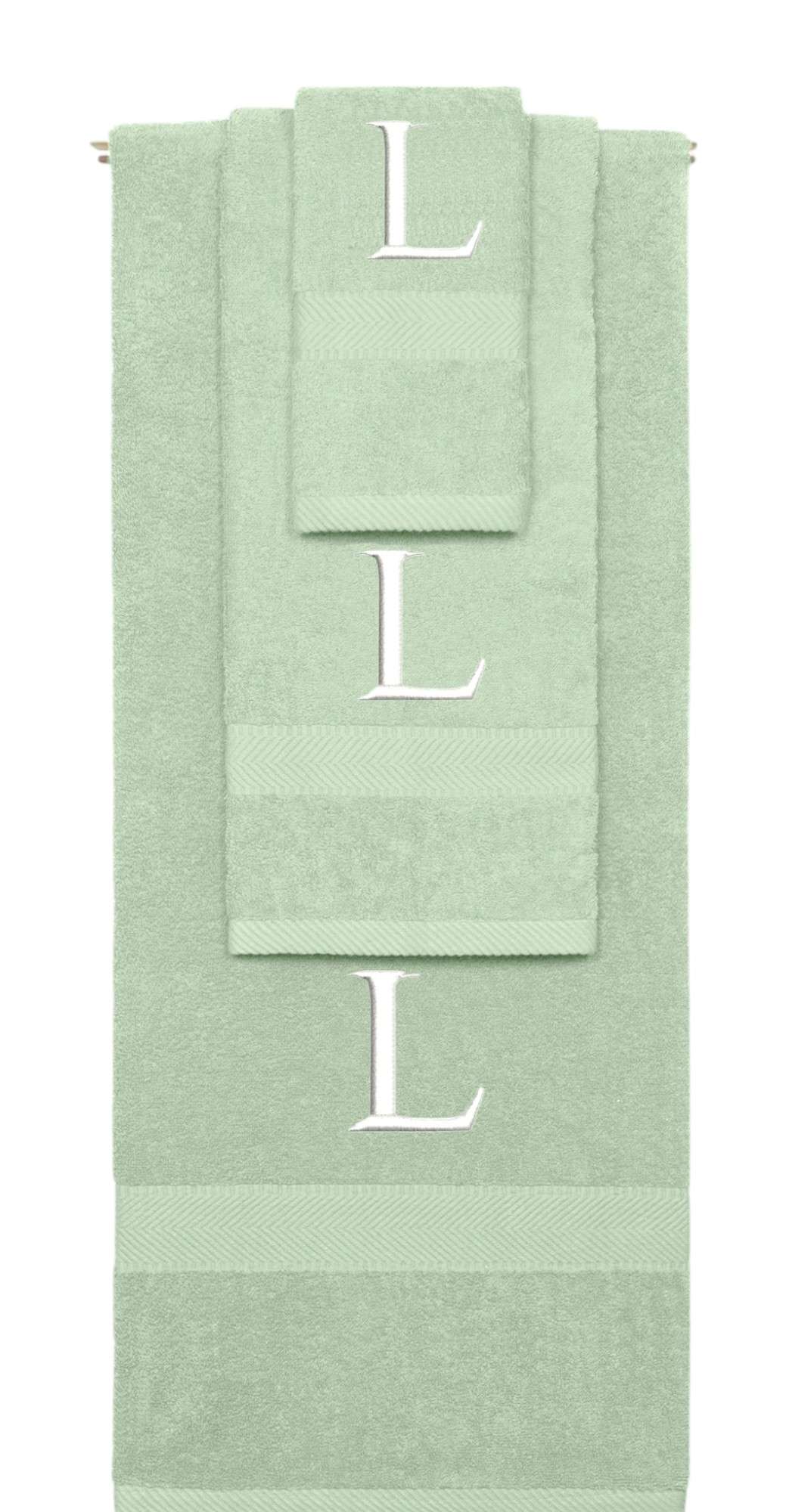 Mint Green monogrammed towel set with White thread, Times New Roman font, initial L - 540 GSM cotton 3-piece