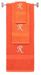Orange monogrammed towel set with White thread, Chancery font, initial R - 540 GSM cotton 3-piece