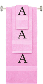 Pink monogrammed towel set with Black thread, Times New Roman font, initial A - 540 GSM cotton 3-piece