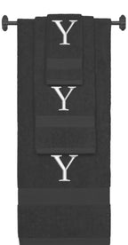 Charcoal monogrammed towel set with Silver thread, Times New Roman font, initial Y - 540 GSM cotton 3-piece