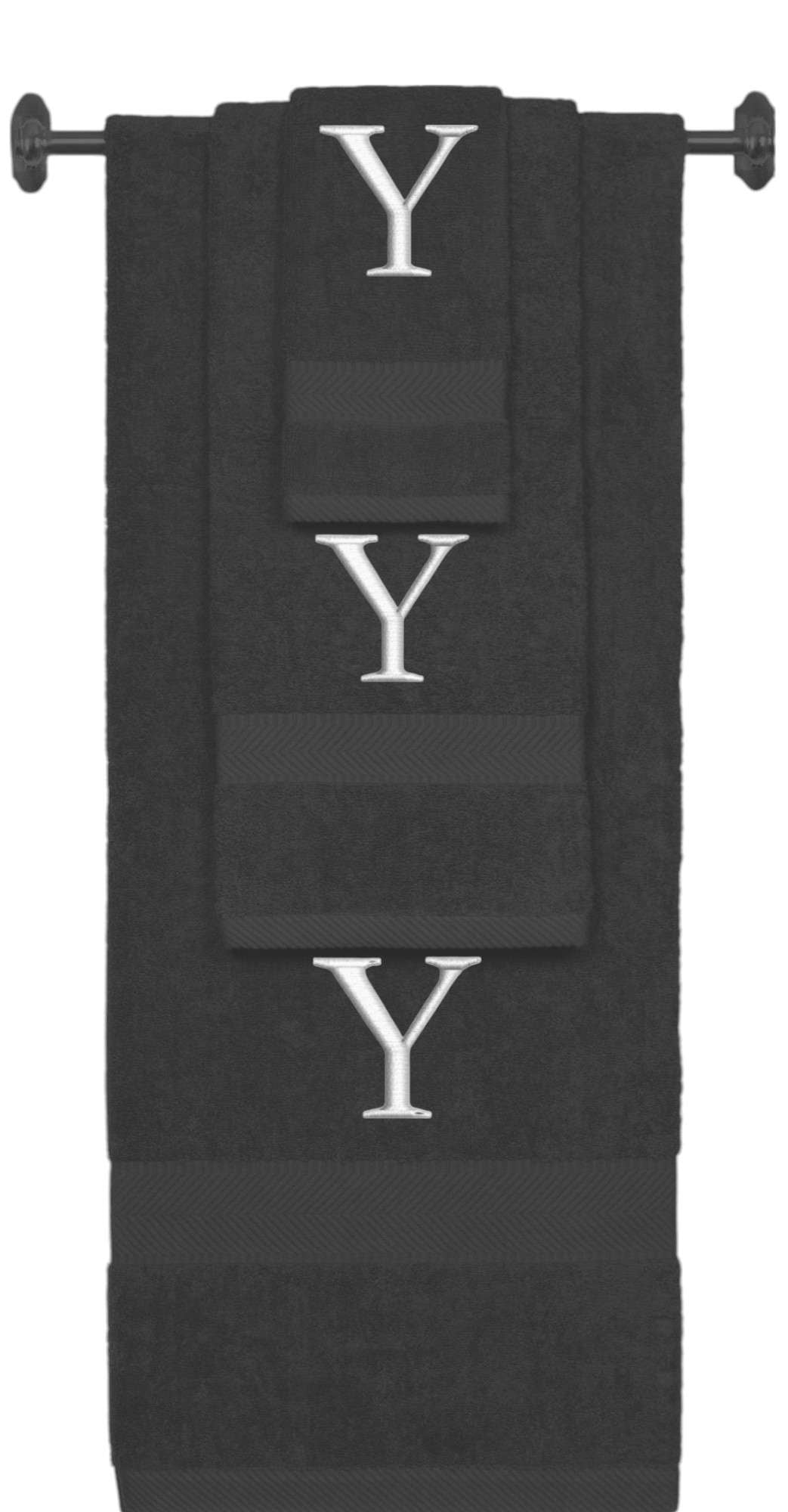 Charcoal monogrammed towel set with Silver thread, Times New Roman font, initial Y - 540 GSM cotton 3-piece