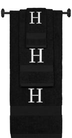 Black monogrammed towel set with Silver thread, Times New Roman font, initial H - 540 GSM cotton 3-piece