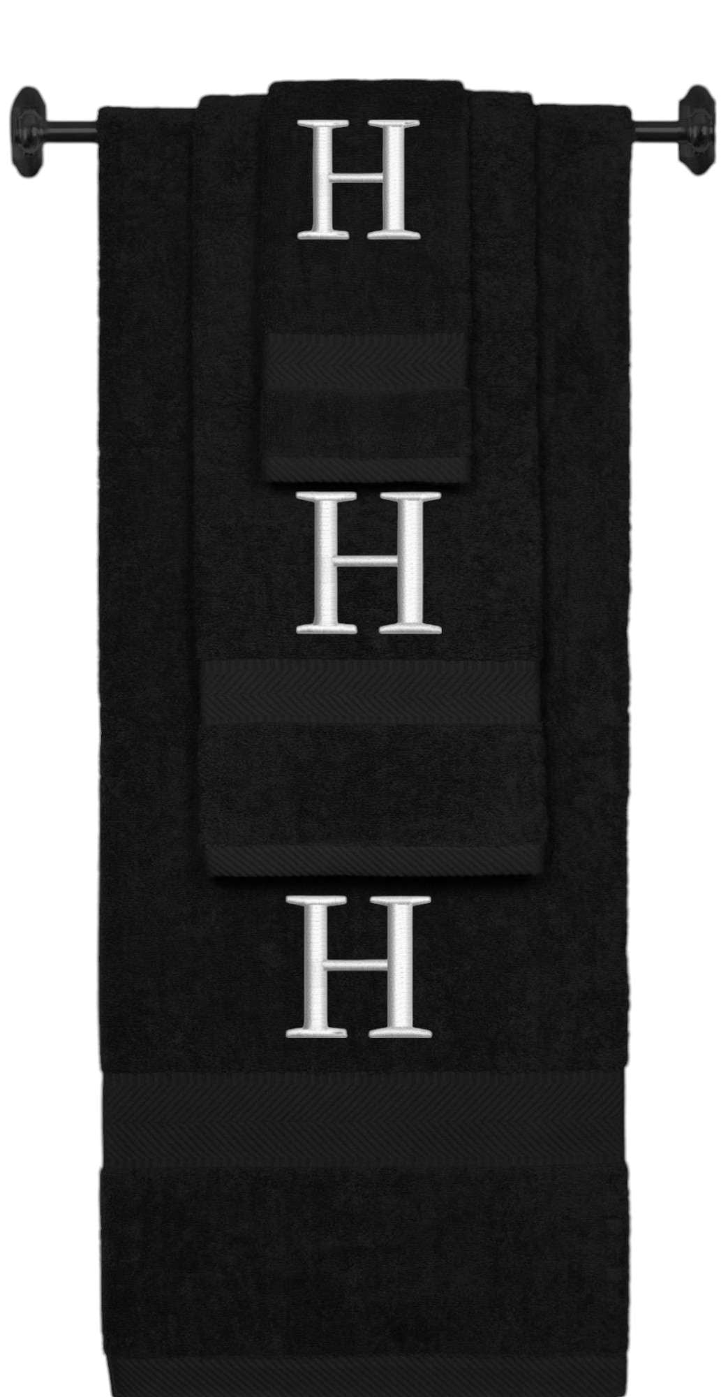 Black monogrammed towel set with Silver thread, Times New Roman font, initial H - 540 GSM cotton 3-piece