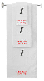 White monogrammed towel set with Black thread, Chancery font, initial I - 540 GSM cotton 3-piece