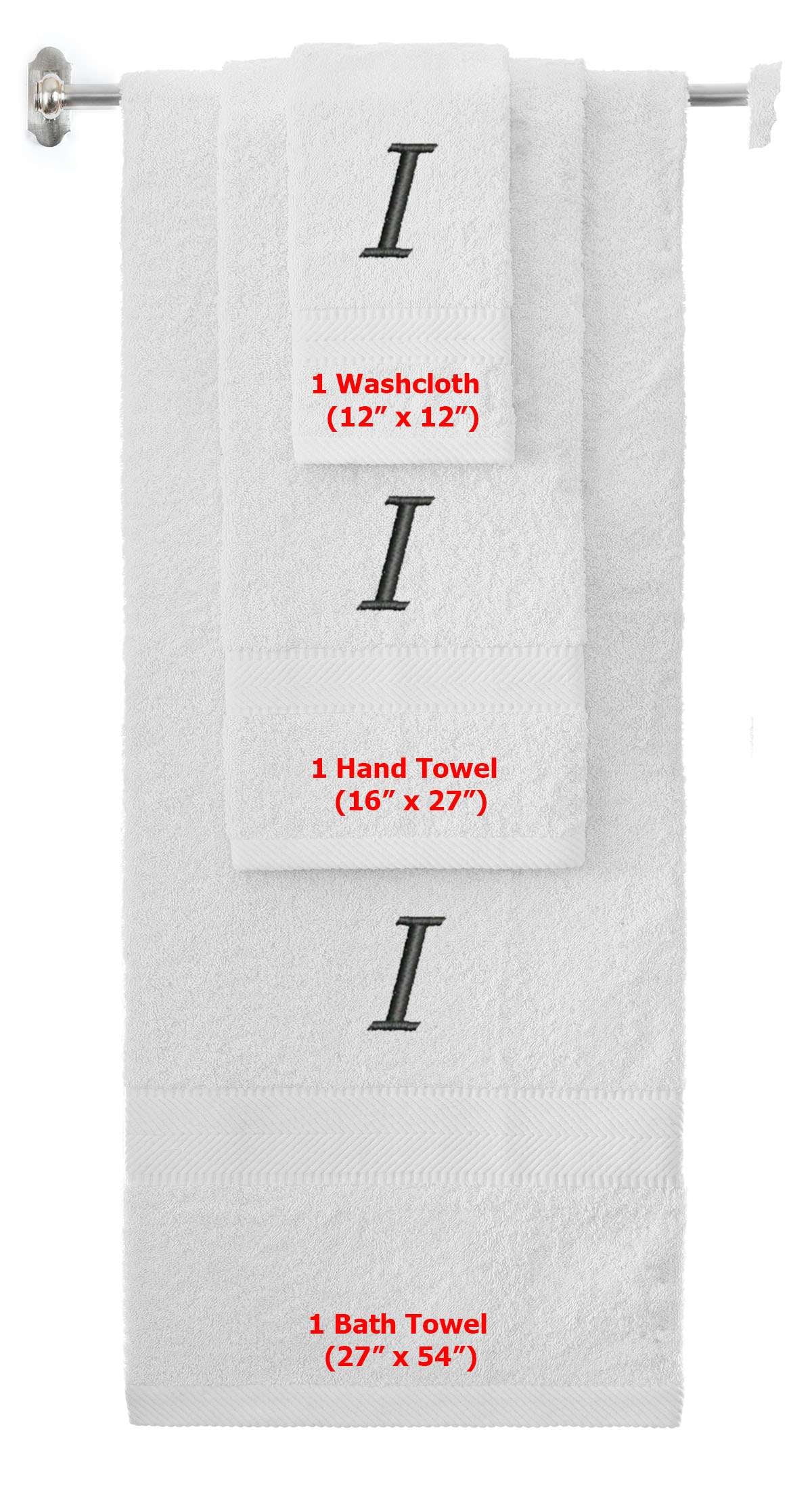 White monogrammed towel set with Black thread, Chancery font, initial I - 540 GSM cotton 3-piece