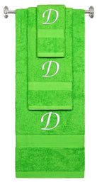 Lime monogrammed towel set with White thread, Chancery font, initial D - 540 GSM cotton 3-piece