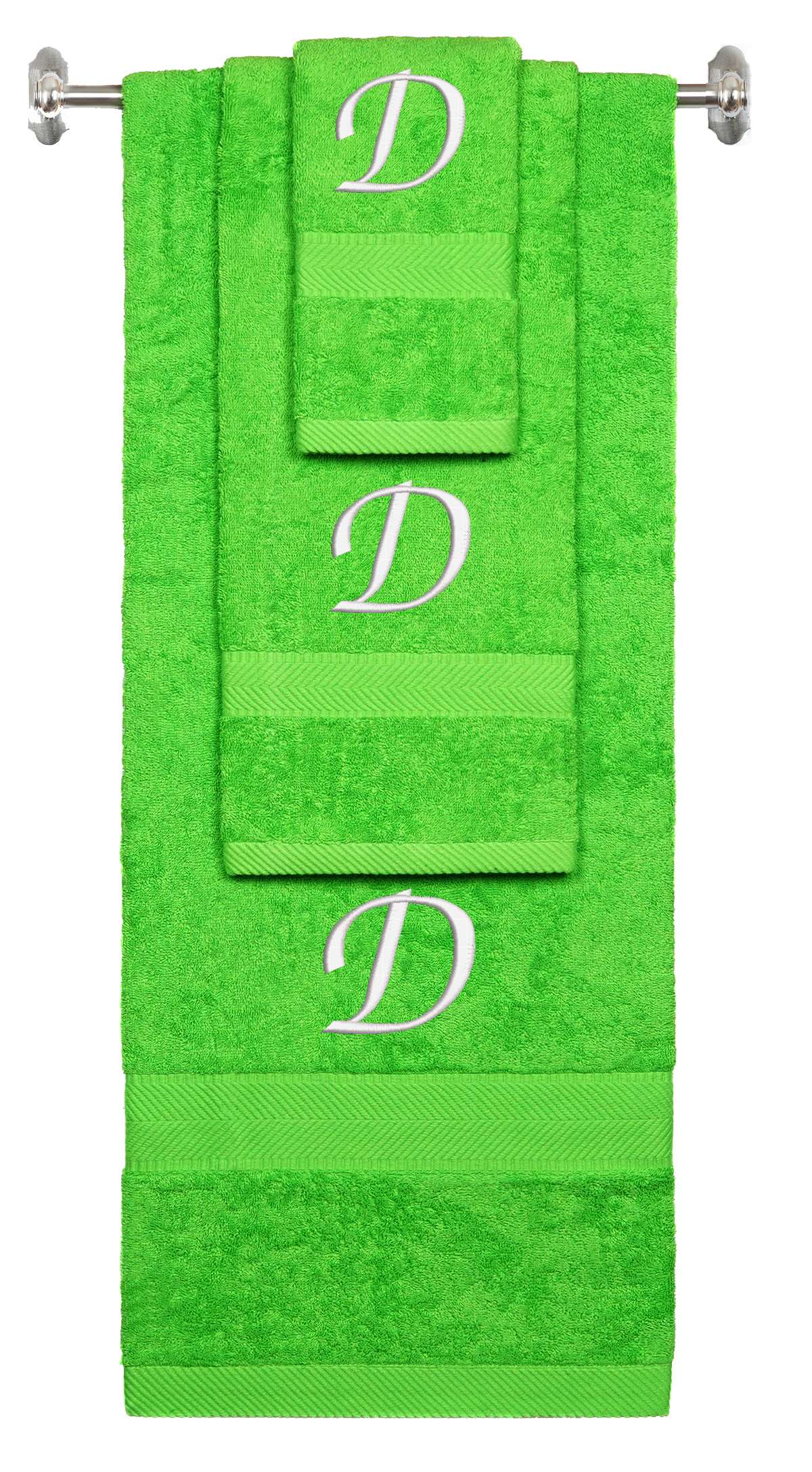 Lime monogrammed towel set with White thread, Chancery font, initial D - 540 GSM cotton 3-piece