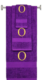 Purple monogrammed towel set with Gold thread, Times New Roman font, initial O - 540 GSM cotton 3-piece