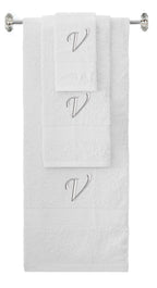 White monogrammed towel set with Silver thread, Chancery font, initial V - 540 GSM cotton 3-piece