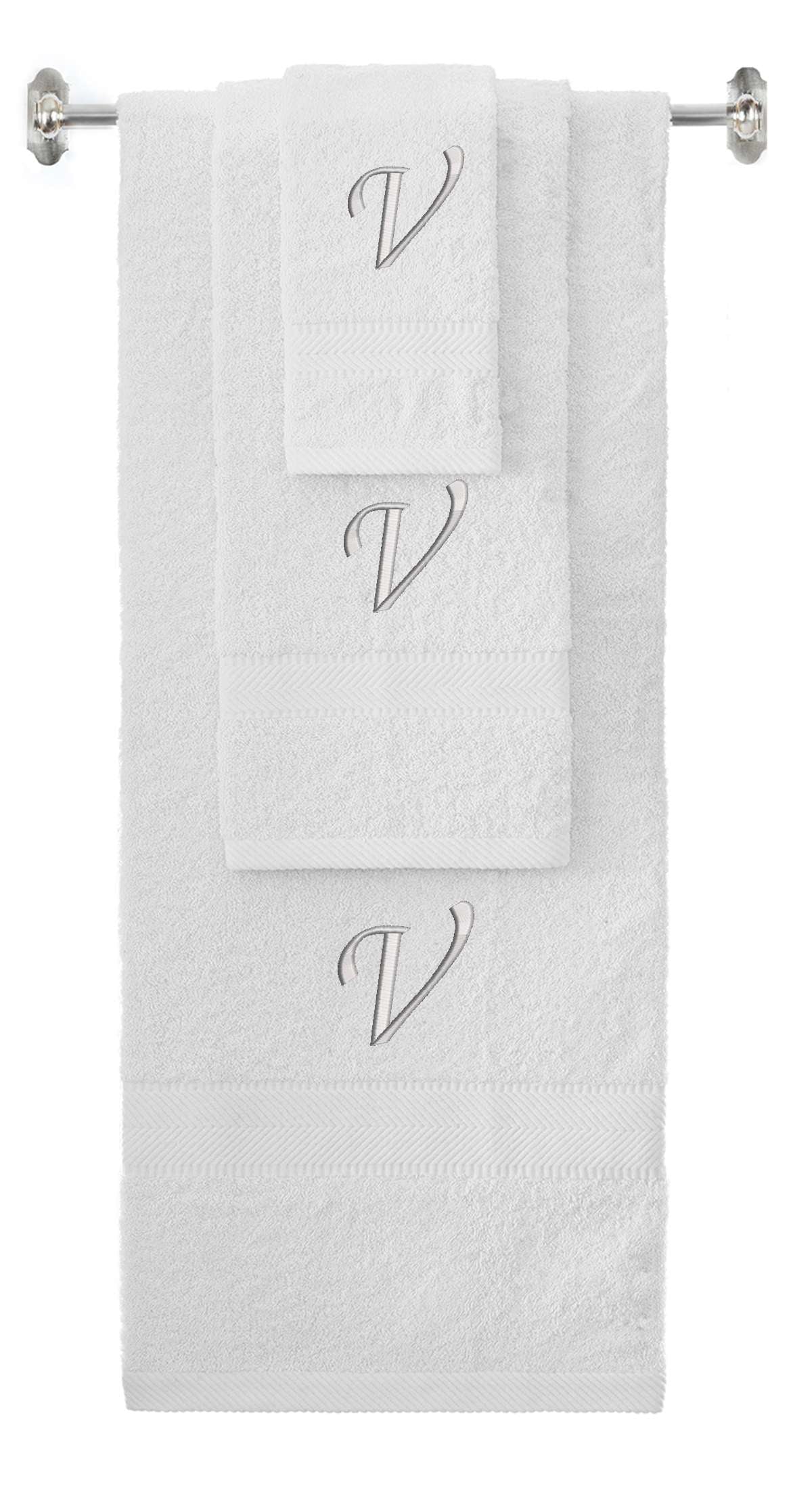 White monogrammed towel set with Silver thread, Chancery font, initial V - 540 GSM cotton 3-piece